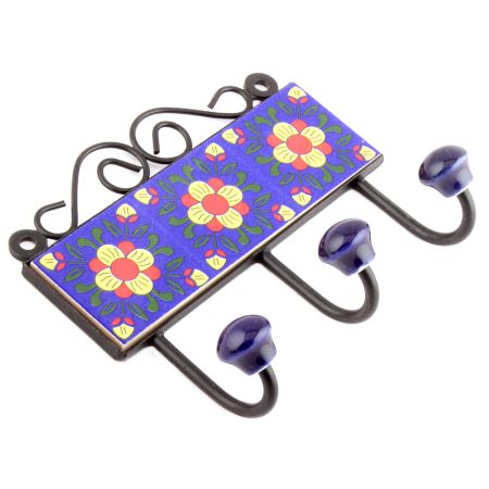 Navy Blue And Yellow Floral Tiles Hooks